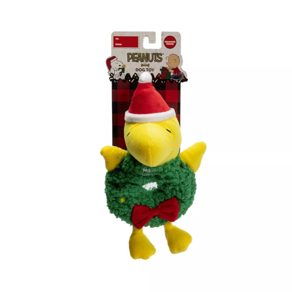 Peanuts Woodstock Wreath Plush Dog Toy - Christmas Holiday Squeaker & Crinkle